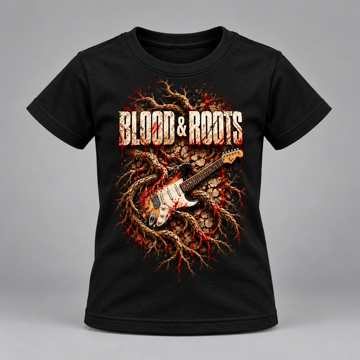 Blood & Roots men's black T-shirt with the band logo, bleeding roots and a sunburst guitar