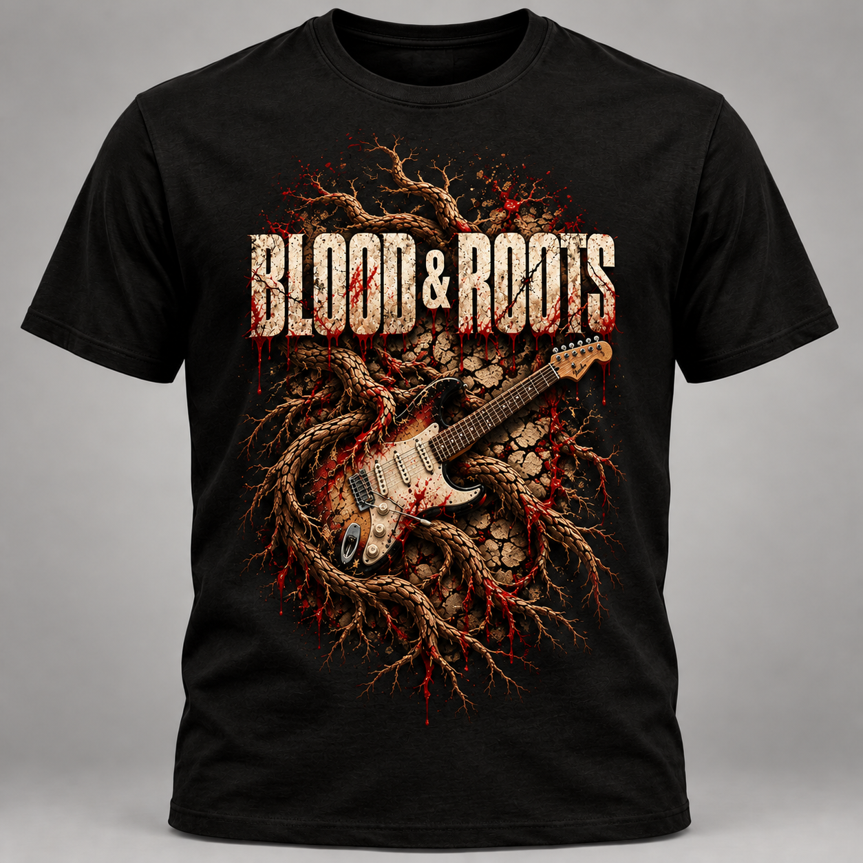 Blood & Roots men's black T-shirt with the band logo, bleeding roots and a sunburst guitar