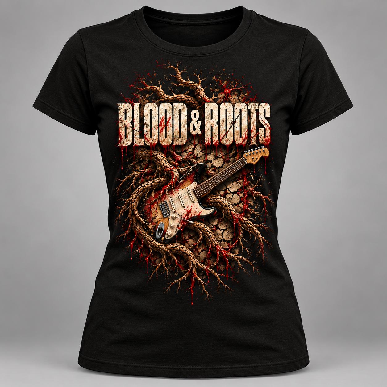 Blood & Roots men's black T-shirt with the band logo, bleeding roots and a sunburst guitar